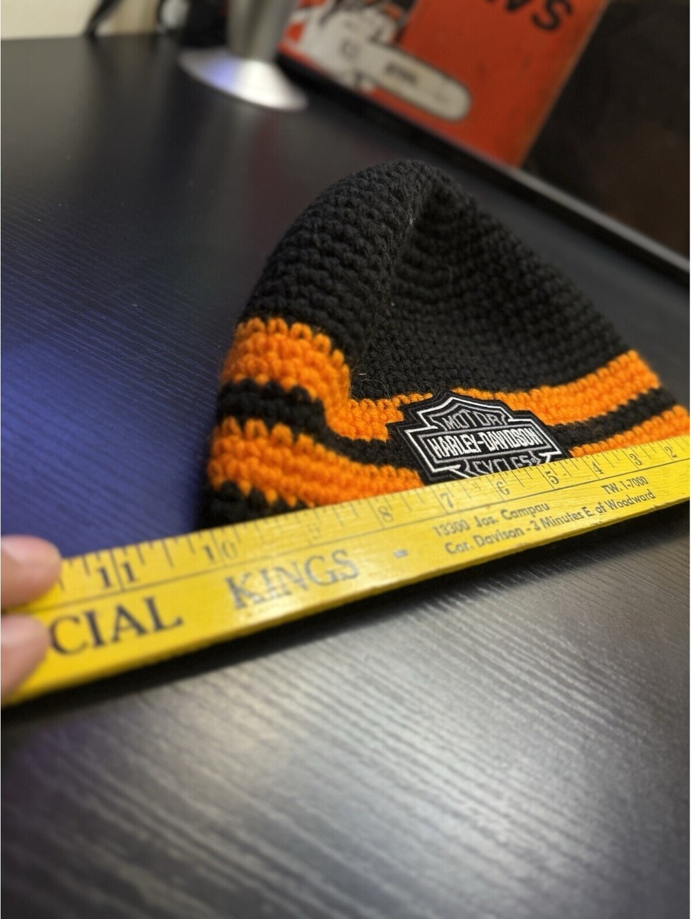 Handmade Crochet Harley Davidson Beanie Black Orange Bar Shield Biker Hat Unique
